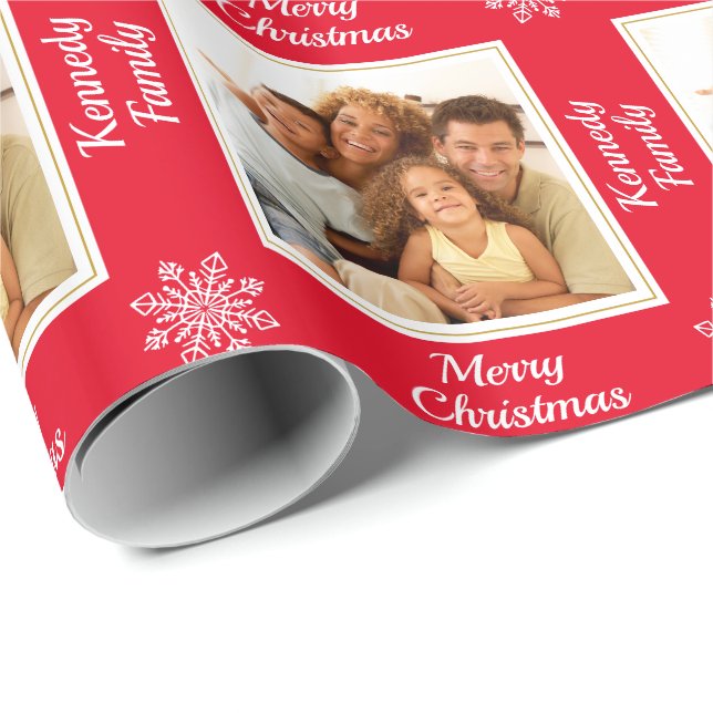 Modern Family Photo Snowflake Red God jul Presentpapper (Rullad Hörn)
