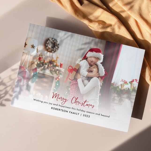 Modern Family Photo Snyggt-skript jul Julkort (Plaid Christmas Photo Rustic Greetings Card)