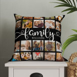 Modern Family Script 20 Photo Collage Chic Black Kudde<br><div class="desc">Modern anpassningsbars fotosamlingskudde med utrymme för 20 foton som omger ett trendig med ett snabbt skript som läser FAMILY och ditt eget namn nedan. Detta är den tvåsidiga versionen.</div>