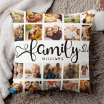 Modern Family Script 20 Photo Collage Chic Snyggt Kudde<br><div class="desc">Modern anpassningsbars fotosamlingskudde med utrymme för 20 foton som omger ett trendig med ett snabbt skript som läser FAMILY och ditt eget namn nedan. Detta är den tvåsidiga versionen.</div>