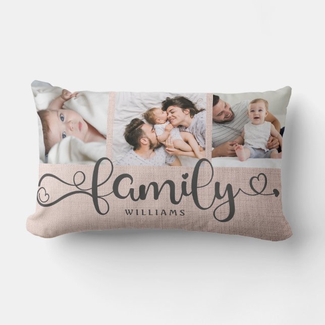 Modern Family Script Rose Linen 3 Foto Collage Lumbarkudde (Framsida)
