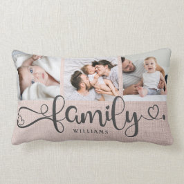 Modern Family Script Rose Linen 3 Foto Collage Lumbarkudde