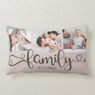 Modern Family Script Rose Linen 3 Foto Collage Lumbarkudde