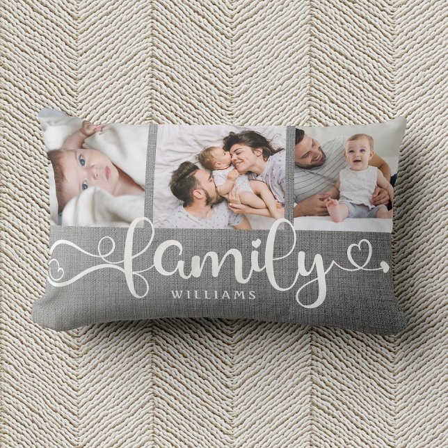 Modern Family Script Rustic Linen 3 Photo Collage Lumbarkudde (Skapare uppladdad)