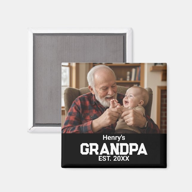 Modern Farfar Est. Namn År Foto Svart Magnet (Front/Back)