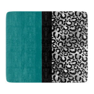 Modern Färg Block Leopard Skriv ut Teal Silver Bla