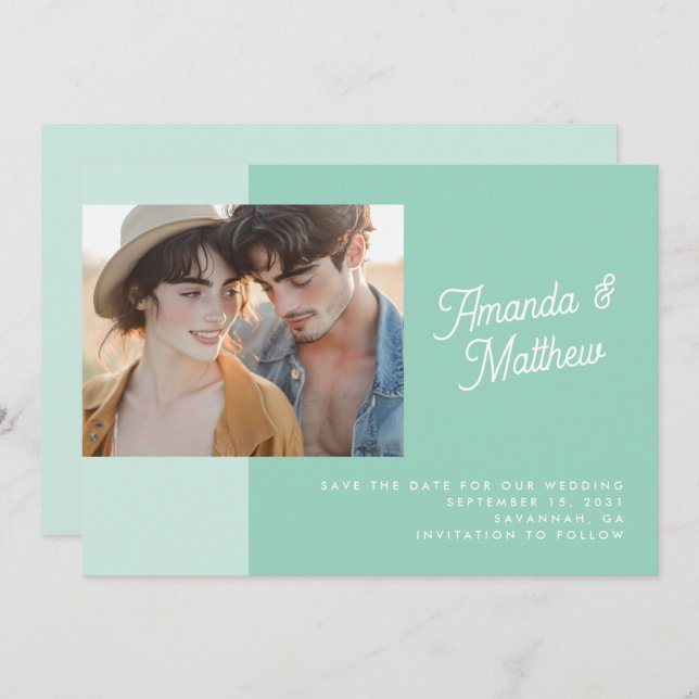 Modern Färg Block Mint Grönt Photo Bröllop Spara Datumet (Fram/baksida)