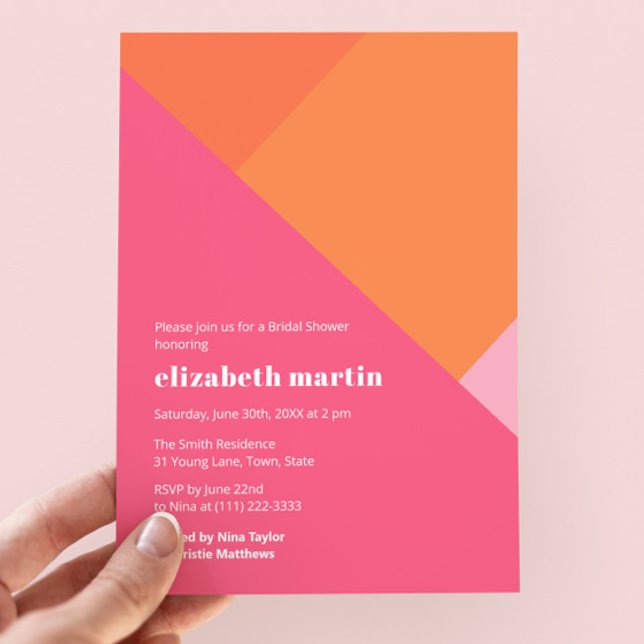 Modern Färg-Block Rosa Orange Möhippa Party Inbjudningar (Bold color block bridal shower geometric invitation design in magenta, clementine, mandarin & pink)