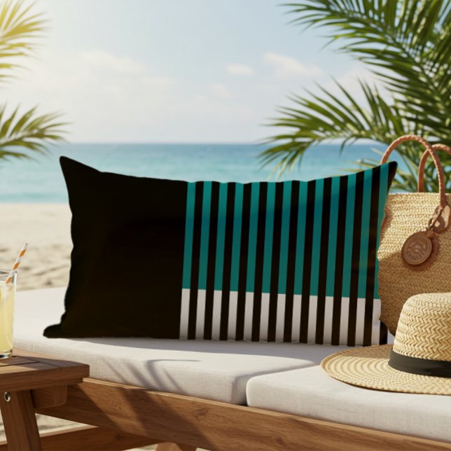 Modern Färg Block Stripe Teal Black White Lumbarkudde (Skapare uppladdad)