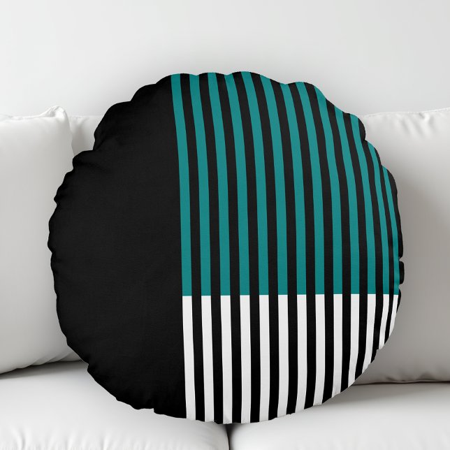 Modern Färg Block Stripe Teal Black White Rund Kudde (Skapare uppladdad)