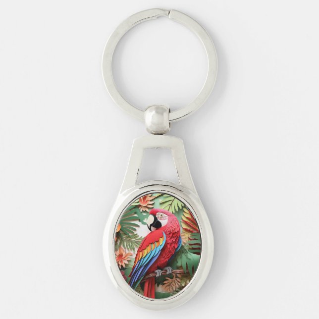 Modern färgad 3D-papegoja Bird Älskare Ovalt Silverfärgad Nyckelring (Framsidan)