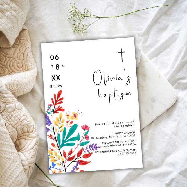 Modern färgad blomma Kor-baptism Inbjudningar (Modern Colorful Flower Cross Baptism Invitation)