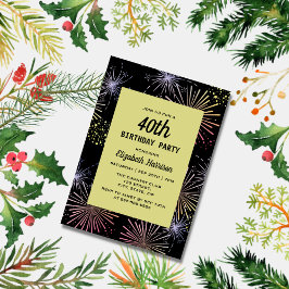 Modern färgad Fireworks Golden Black Birthday Inbjudningar