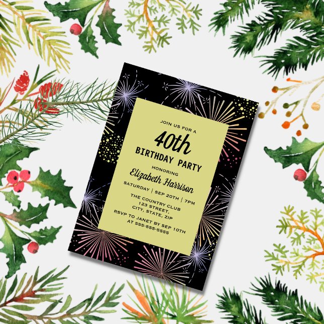 Modern färgad Fireworks Golden Black Birthday Inbjudningar (Skapare uppladdad)