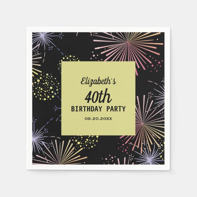Modern färgad Fireworks Golden Black Birthday Pappersservett (Framsidan)