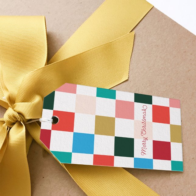 Modern färgad Helgdag i kontrolltavlan Jul Presentetikett (Modern Colourful Checkerboard Merry Christmas Holiday Gift Tag.)
