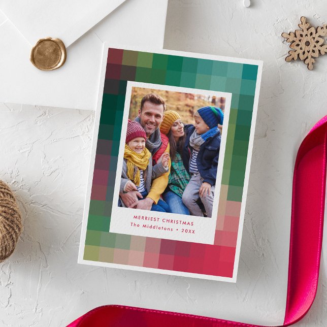 Modern färgad pixelgradient julfoto julkort (modern colourful gradient checkered pattern Christmas photo card)