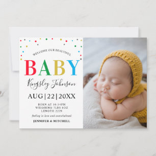 Modern färgad polka dot Unisex Baby Stats Photo Meddelande