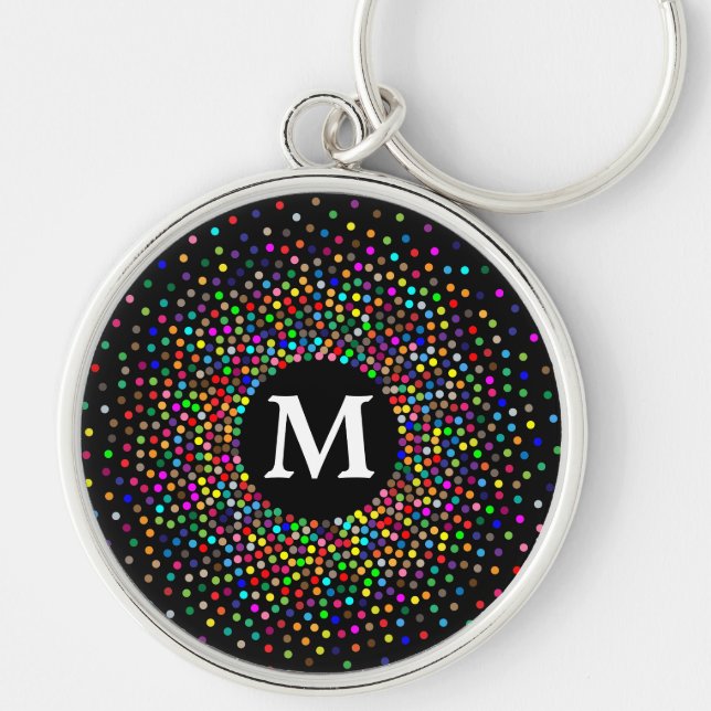 Modern färgad punkt Mönster med MONOGRAM Rund Silverfärgad Nyckelring (Framsidan)