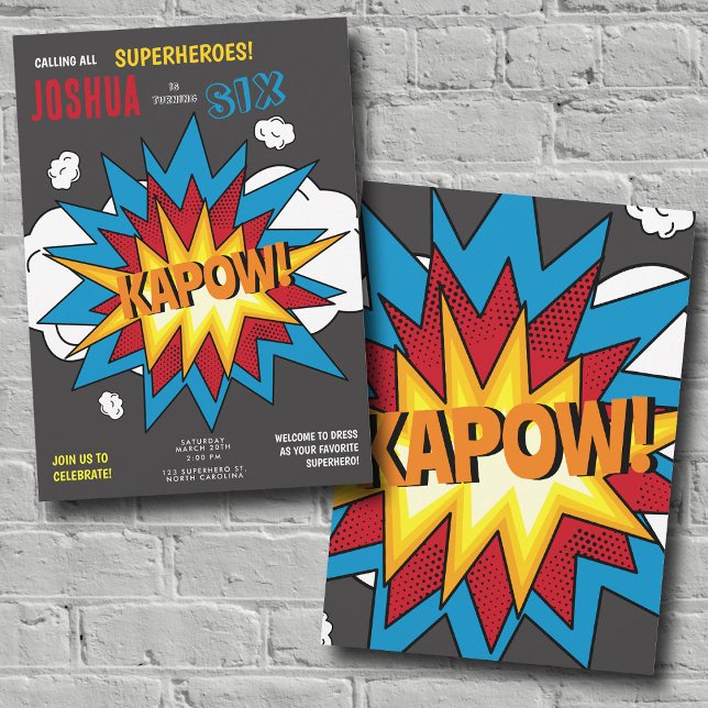 Modern färgad Tecknad Bok KAPOW-popkonsthBirthday Inbjudningar (Modern Colorful Comic Book KAPOW Pop Art Birthday Invitation)