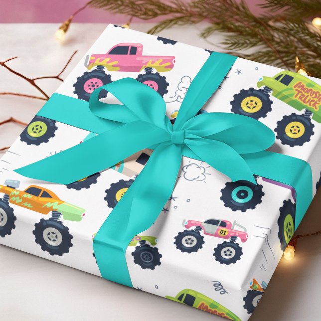 Modern färgad vattenfärgsmonster Lastbilar Presentpapper (Skapare uppladdad)