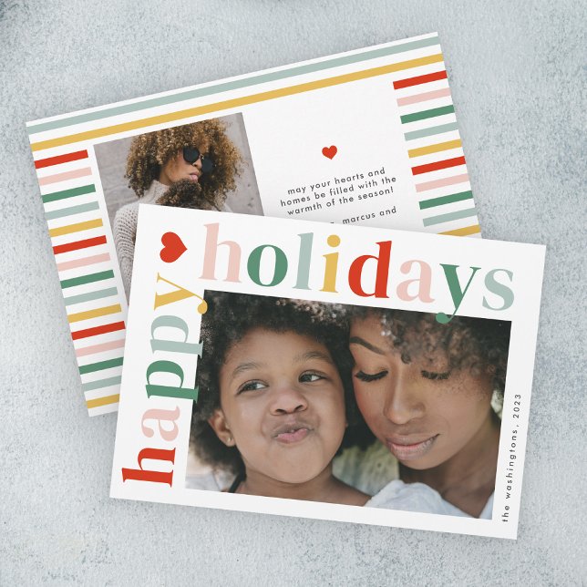 Modern färgfoto för glad helg julkort (Modern colorful typography happy holidays 2 photo holiday card.)