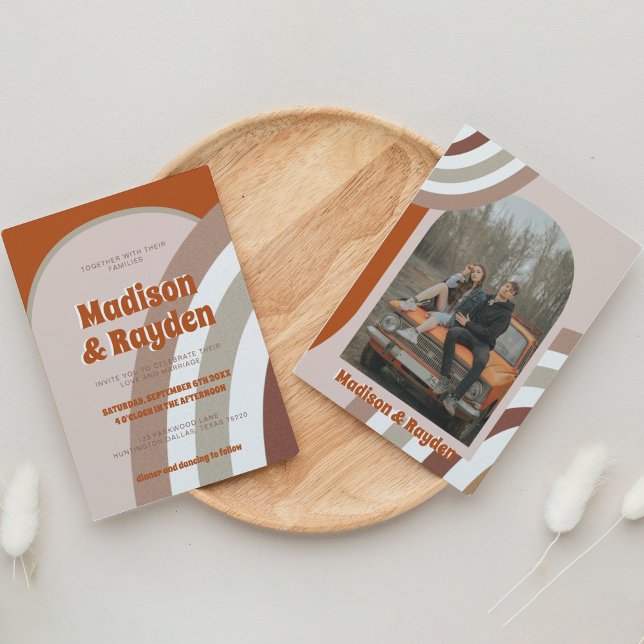 Modern färgfull retro Arch-foto Rainbow Bröllop Inbjudningar (Skapare uppladdad)