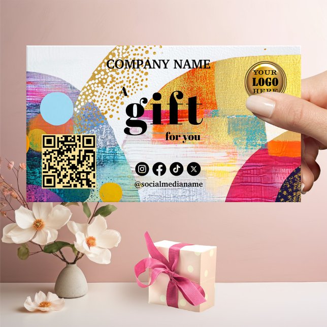 Modern Färgglad Abstrakt Konst Presentkort Rabattkort (A festive gift certificate featuring a colorful retro abstract design - logo- QR code - social media)