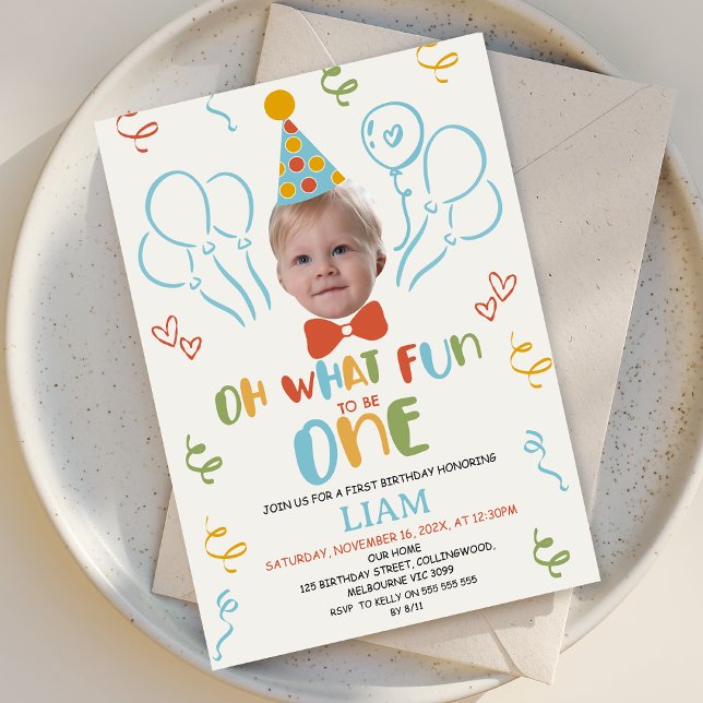 Modern Färgglad Foto Vilken Rolighet Att Vara Ett  Inbjudningar (Boys First Birthday Invitation, 1st Birthday Invitation Template Boy, 1st Birthday Party Invitation)