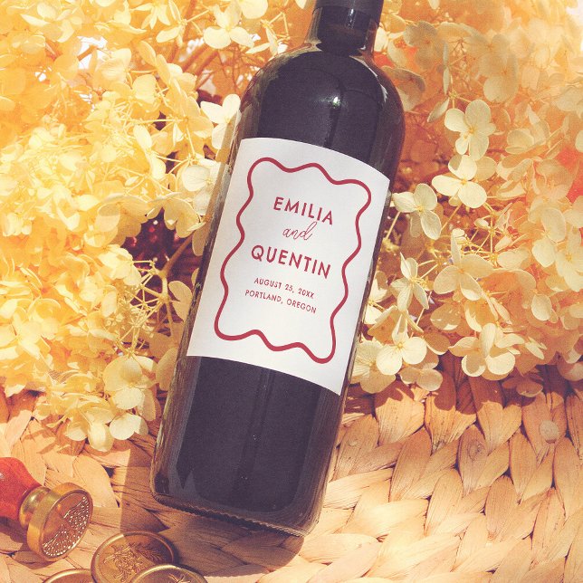 Modern Färgglad Funky Vågig Ram Retro Bröllop Vinflaska Etikett (Skapare uppladdad)