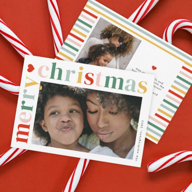 Modern Färgglad God Jul Foto Julkort (A modern colorful typography 2 photo merry Christmas holiday card.)