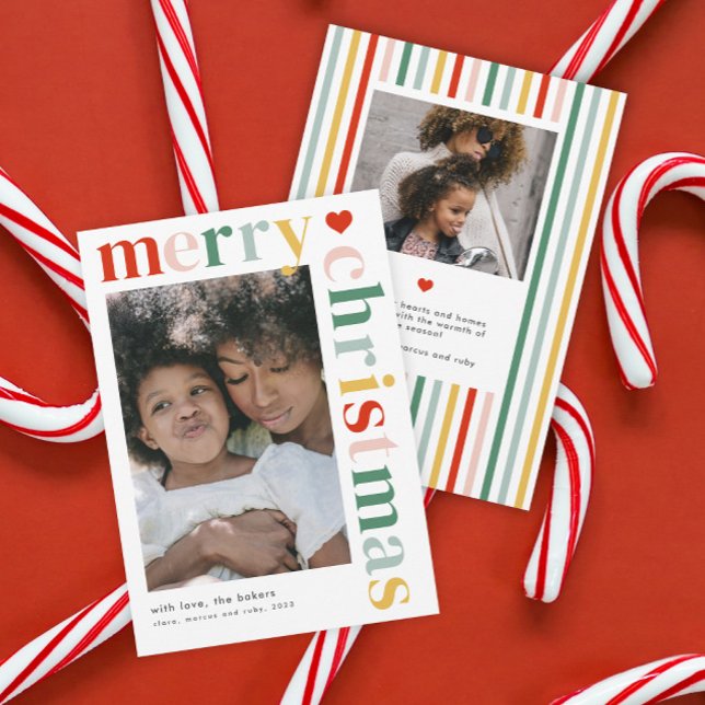 Modern Färgglad God Jul Foto Julkort (A modern colorful typography 2 photo merry Christmas holiday card.)