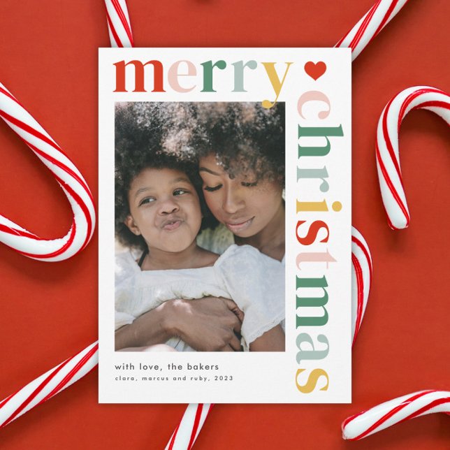 Modern Färgglad God Jul Foto Magnet Kort (A modern colorful typography photo merry Christmas magnetic holiday card.)