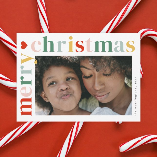 Modern Färgglad God Jul Foto Magnet Kort (A modern colorful typography 2 photo merry Christmas holiday card.)