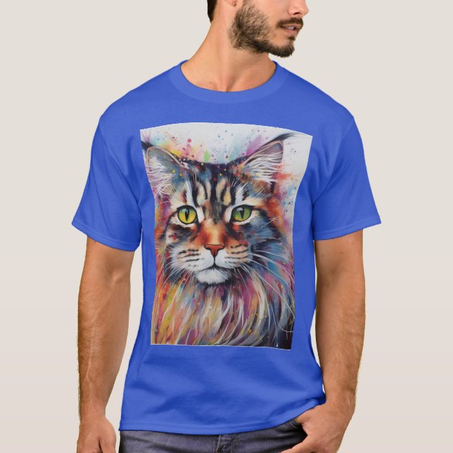 Modern Färgglad Maine Coon Katt Konst T Shirt (Framsida)