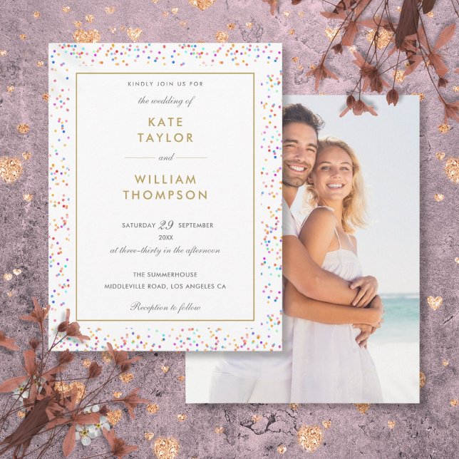 Modern Färgglad Regnbåge Konfetti Foto Bröllop  Inbjudan Vykort (Modern Colorful Rainbow Confetti Photo Wedding Invitation Postcard)