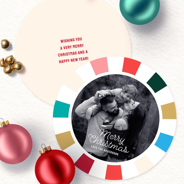 Modern Färgglad Rutig Foto Rund Julkort (Modern Colorful Checkerboard Script Typography One photo round Holiday Card)