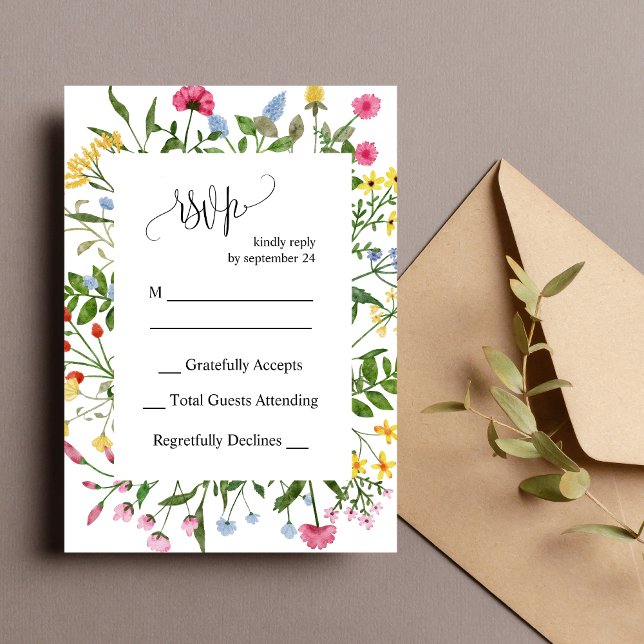 Modern Färgglad Vildblomma Bröllop RSVP-kort Inbjudningar (Modern colorful wildflower RSVP card makes guest responses easy with cheerful style)