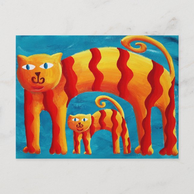 Modern Färgglad Whimsical Böjd Katt och Kittel Vykort (Framsida)
