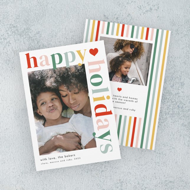 Modern färggrafi av typografi julkort (Modern colorful happy holidays photo holiday card with bold and bright typography.)