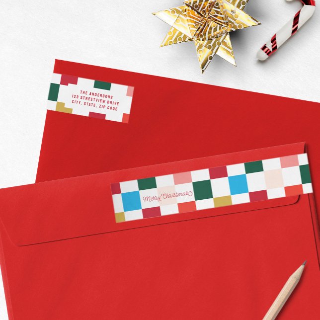 Modern färggranatkorg - jul etikettband (Modern Colorful Checkerboard Merry Christmas Wrap Around Return Address Label)
