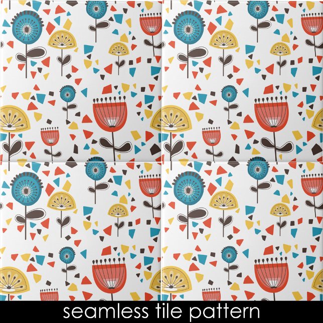 Modern färglös Blommigt i mitten av århundradet, s Kakelplatta (Mid Century Modern Colorful Floral Seamless Pattern Ceramic Tile)