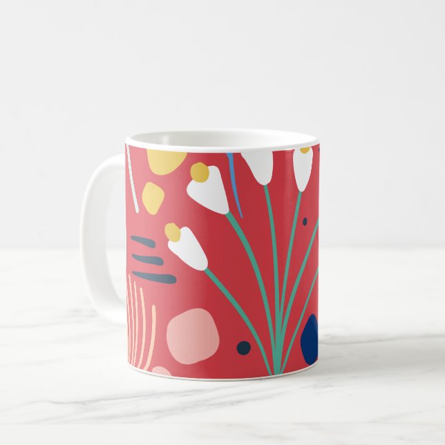 Modern färglös Blommönster Red Kaffemugg (Framsida vänster)