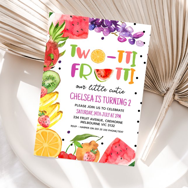 Modern färglös frukt, tuggben, fjällande andre föd inbjudningar (Girls Twotti Frutti 2nd Birthday Invitation, Twotti Fruity Invite, Fruity Birthday Card Summer )