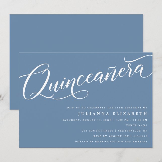 Modern, färglös skrift, "quinceanera", Dusty Blue Inbjudningar (Fram/baksida)