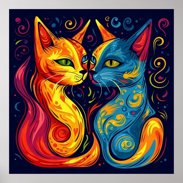 Modern Färgrik Abstrakt Whimsisk Fantasy Katt Poster (Framsidan)
