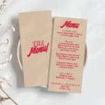 Modern Färgrik Djärv Funky Retro Unik Bröllop  Meny<br><div class="desc">En färgrik retro funky modern peachfärgad gul bröllopsmiddagsmeny. Med chic template design med boho vintage söt rosa bakgrund och röd magenta djärv typografi. Perfekt och matchar hela sviten.</div>