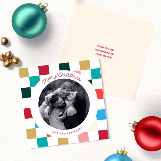 Modern Färgrik Rutig Fyrkantig Foto  Julkort (Modern Colorful Checkerboard One Photo Merry Christmas Holiday Card)