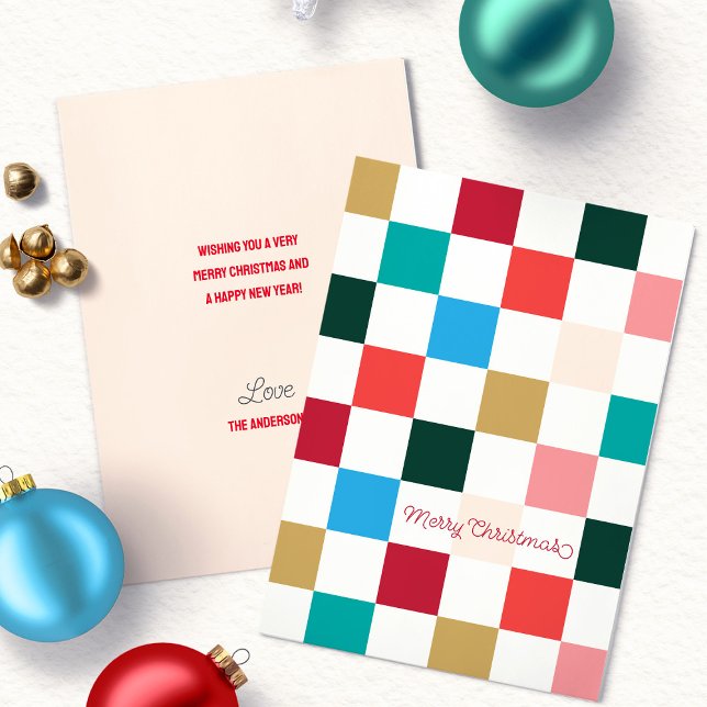 Modern Färgrik Rutig Mönster  Julkort (Modern Colorful Checkerboard Merry Christmas Script Typography flat holiday card)