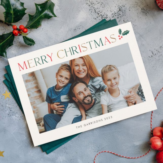 Modern Färgrik Typ Foto Jul Magnetkort (Modern Merry Christmas Colorful Type Photo Magnetic Holiday Card.)